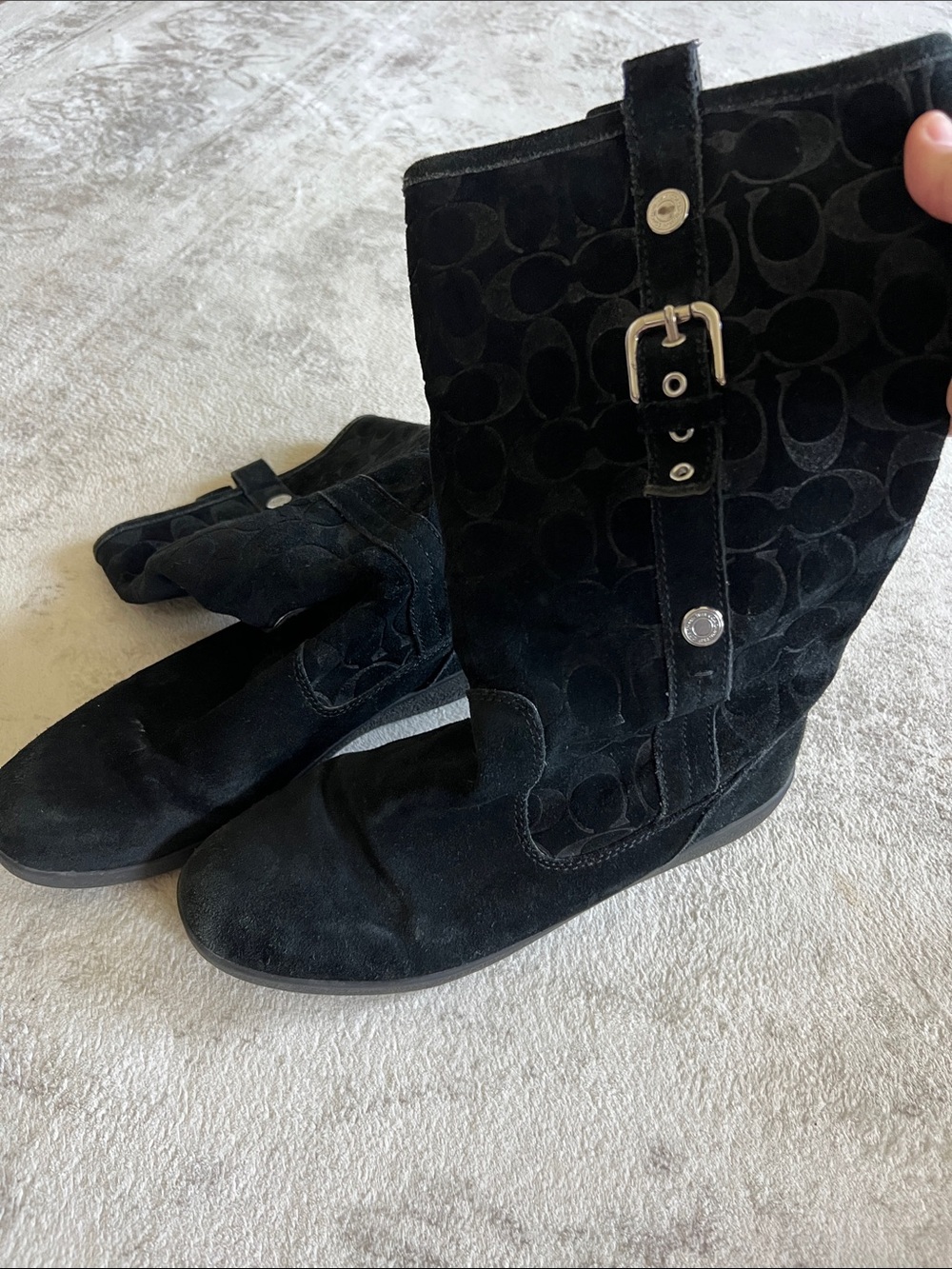 Coach Black Suede Logo Mid-Calf Boots with Silver-Tone Buckle